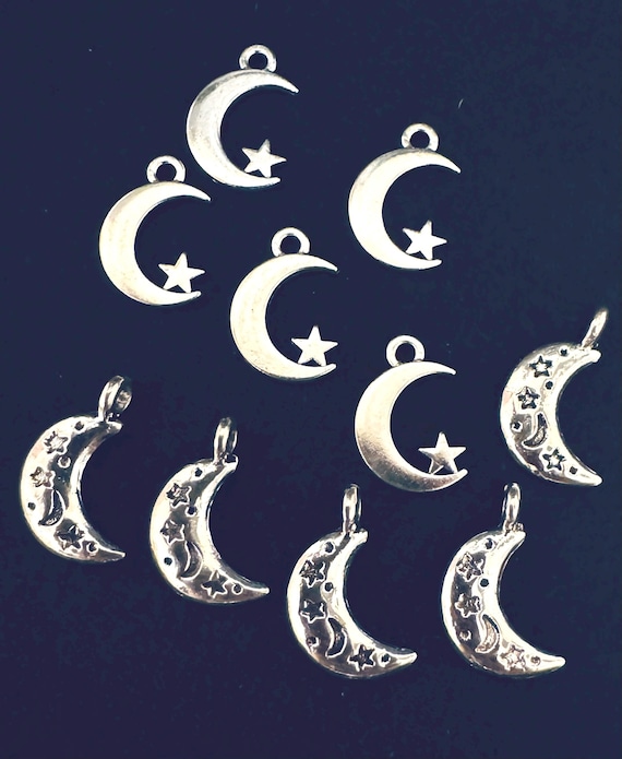 10 Piece Silver Moon and Star Charms