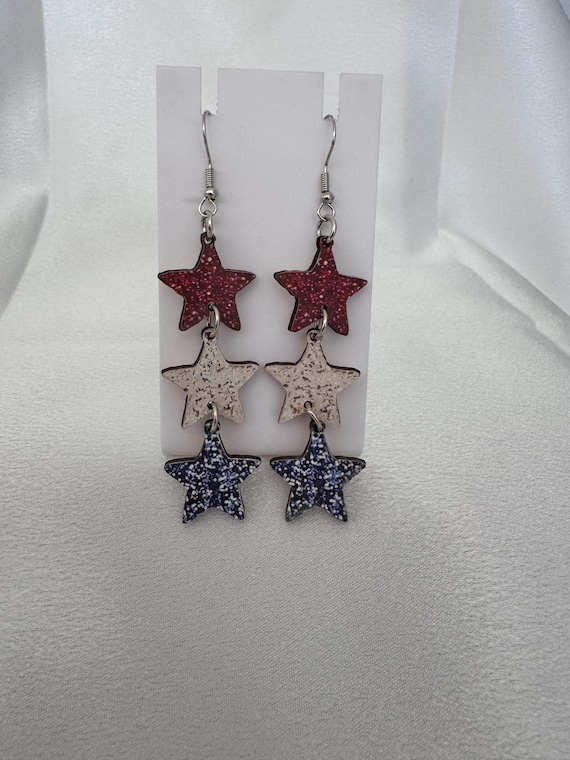 Wooden Red, White and Blue Stars Dangle Earrings
