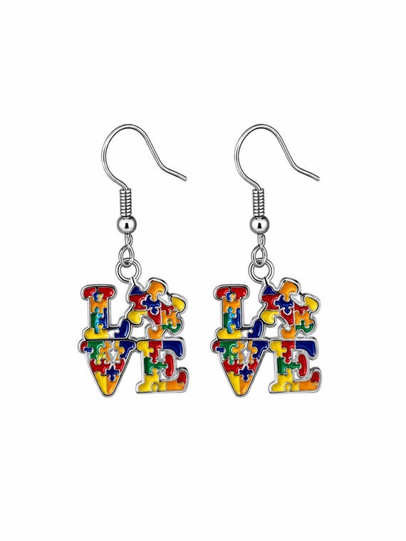 Multicolored  “Love” Autism Dangle Earrings.