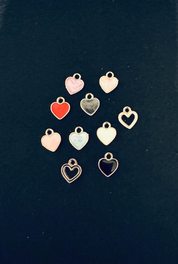 10 Piece Gold Plated Multi Colored Small Heart Charms