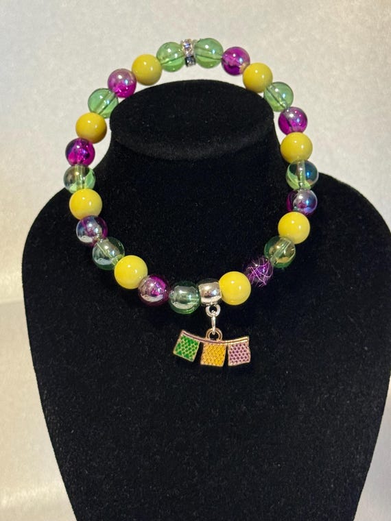 Mardi Gras Banner Charm Stretch Bracelet