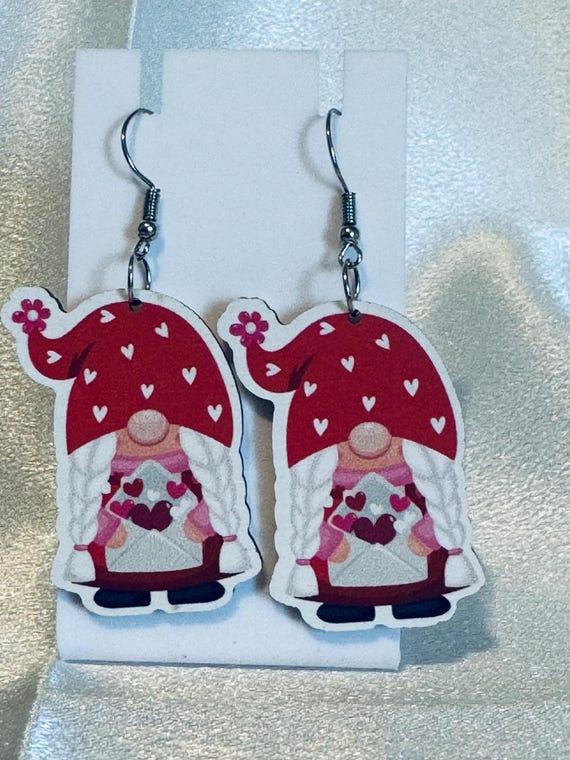 Gnome Holding Gift Wooden Dangle Earrings