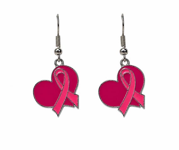 Heart and Ribbon  Breast Cancer Dangle Earrings.