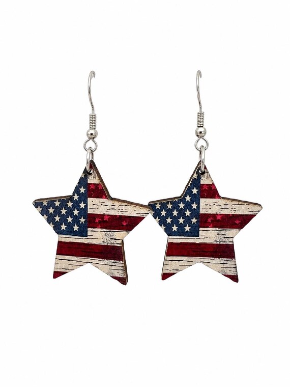 Wooden American Stars Dangle Earrings