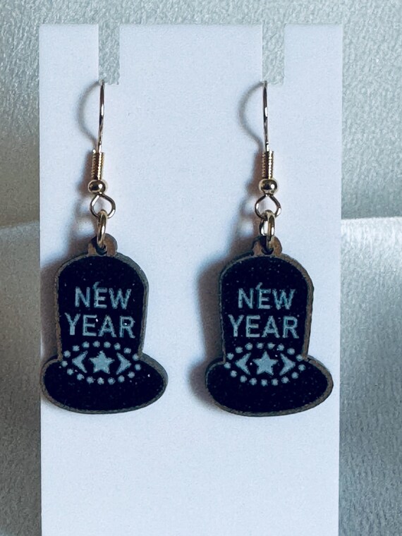 Happy New Year Top Hat Dangle Earrings