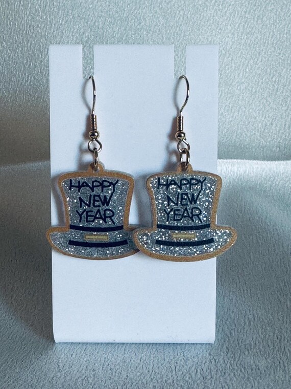 Happy New Year Top Hat  Dangle Earrings