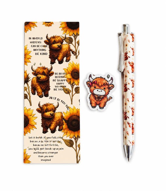 Highland Cow Mechanical Pencil, Character Eraser and Positivity Bookmark