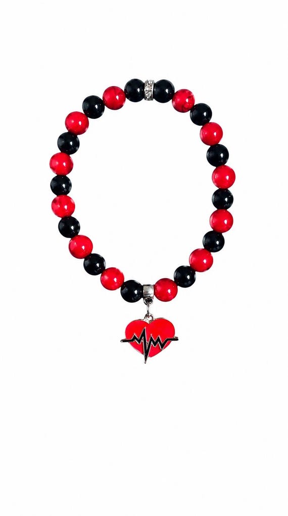 Red Heart With Heartbeat Valentine Charm Stretch Bracelet