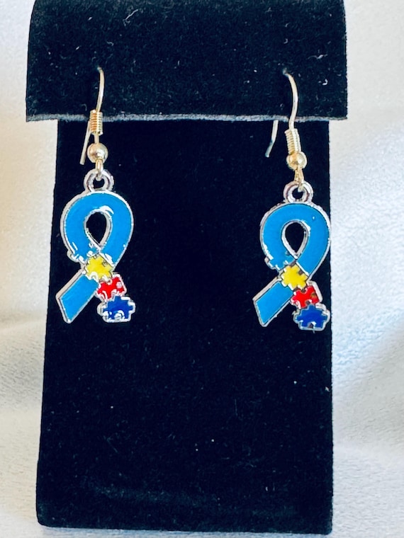 Blue Ribbon Autism Dangle Earrings.