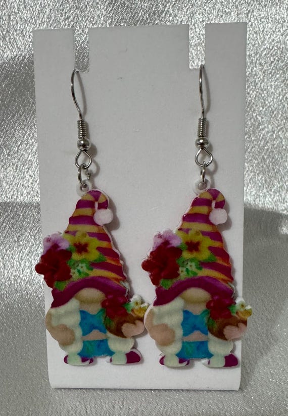 Spring Gnome Dangle Earrings: Playful Floral Design, Hypoallergenic Hooks