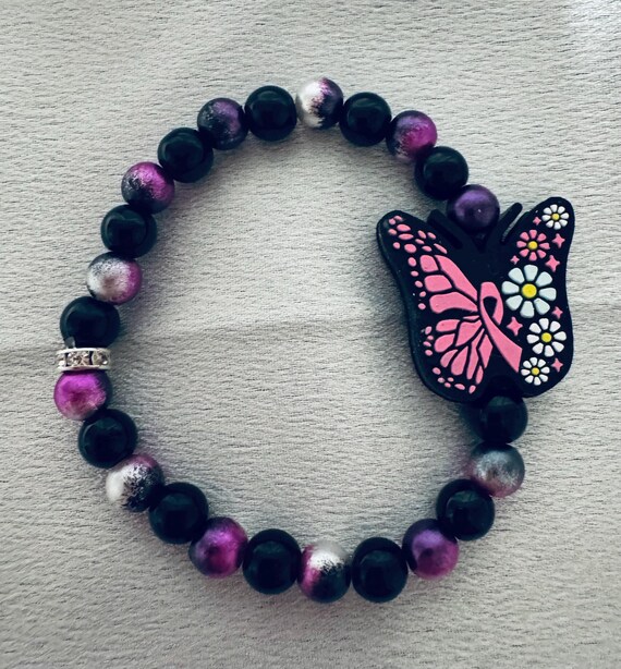 Breast Cancer Beaded Stretch Bracelet With Silicone Focal Bead
