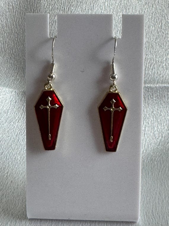 Halloween Red Coffin Dangle Earrings. Hypoallergenic