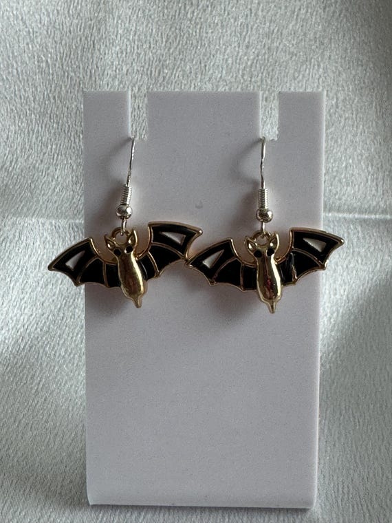 Halloween Black Bat Dangle Earrings. Hypoallergenic