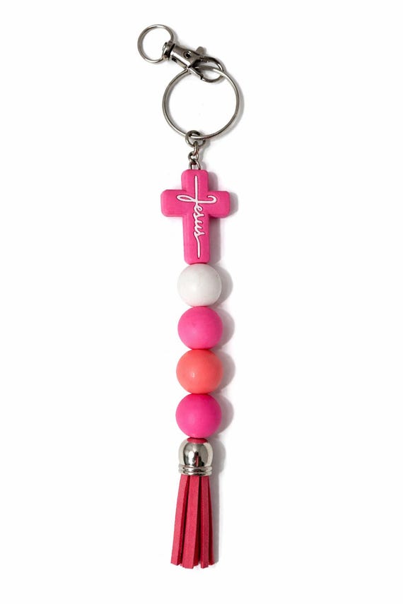 Pink Silicone Beaded Jesus Keychain