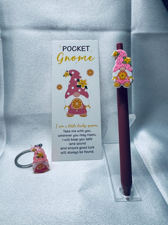 Pink Pocket Gnome With Pen, Keychain and Card