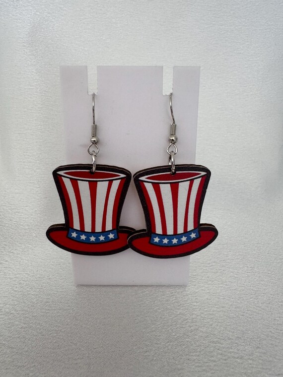 Wooden USA Top Hat Dangle Earrings