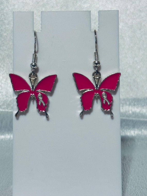 Breast Cancer Dangle Earrings With Butterfly and Ribbon