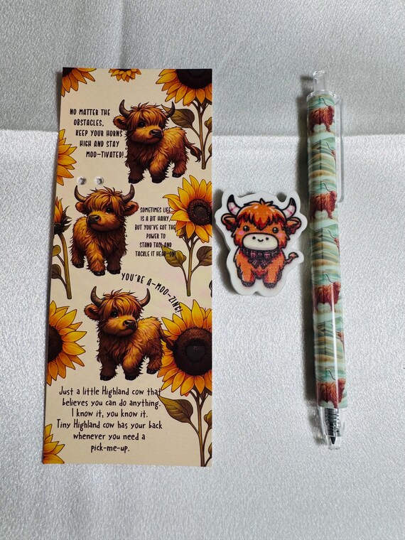 Highland Cow Mechanical Penci, Character Eraser and Positivity Bookmark
