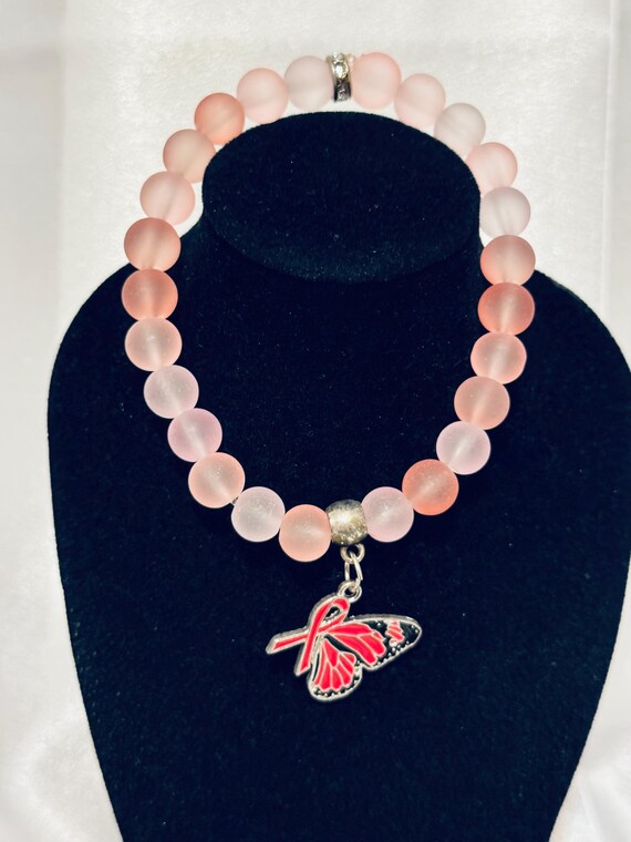 Butterfly and Ribbon Breast Cancer Stretch Charm Bracelet