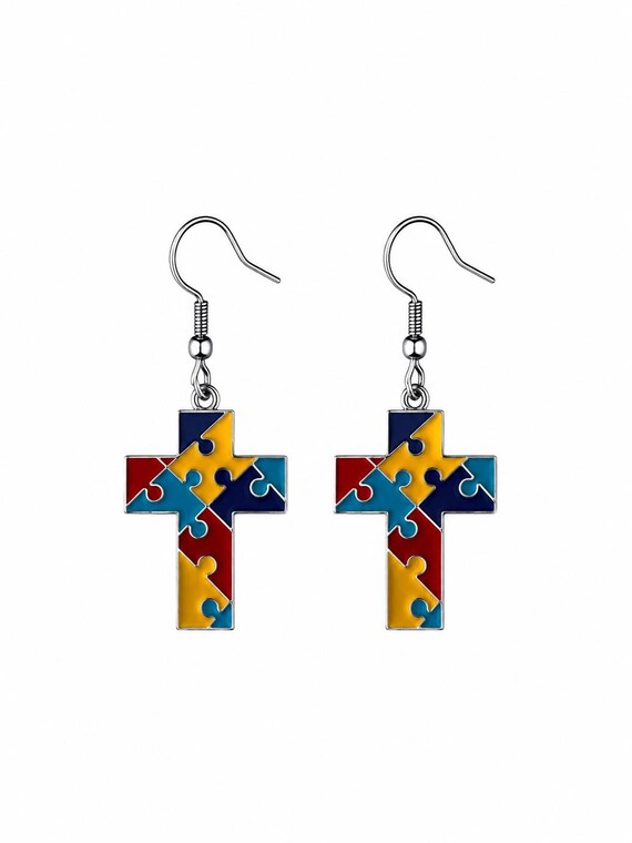 Cross Autism Dangle Earrings.