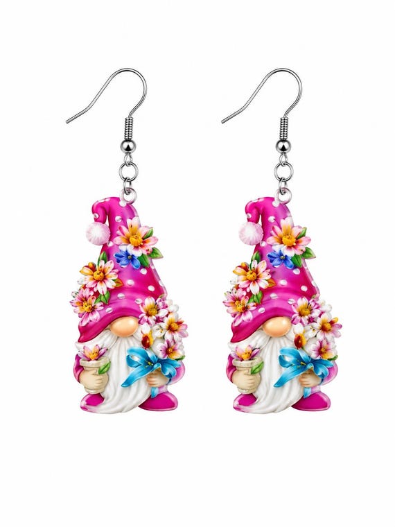 Spring Gnome Acrylic Dangle Earrings with Daisies, Hypoallergenic Lightweight Jewelry