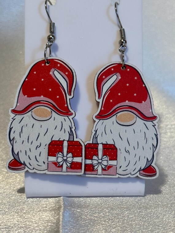 Wooden Gnome Christmas Dangle Earrings