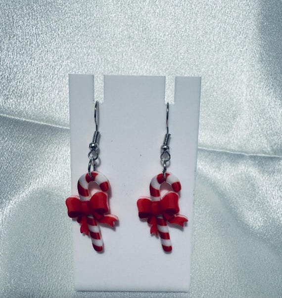 Wooden Christmas Candy Cane Dangle Earrings