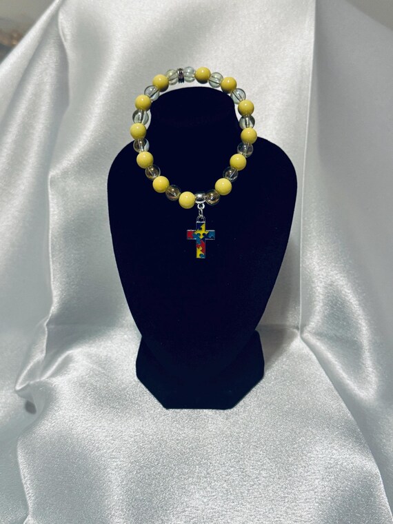 Cross Autism Charm Stretch Bracelet