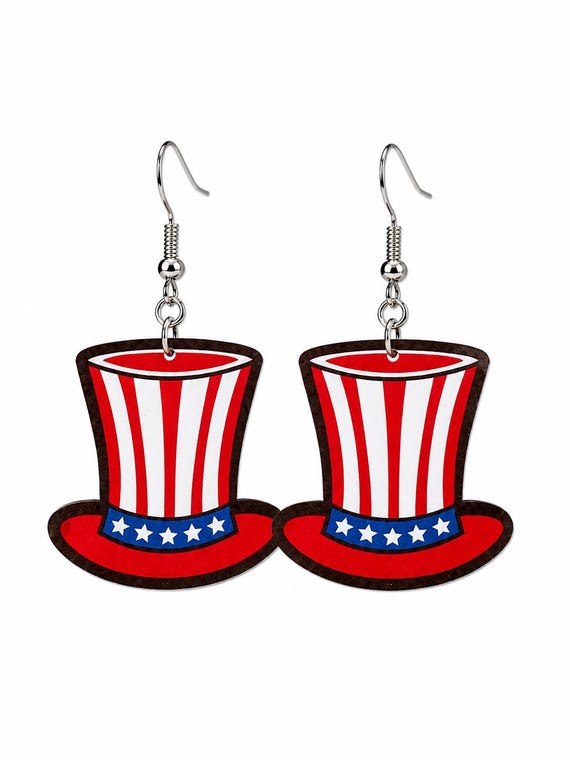 Wooden USA Top Hat Dangle Earrings