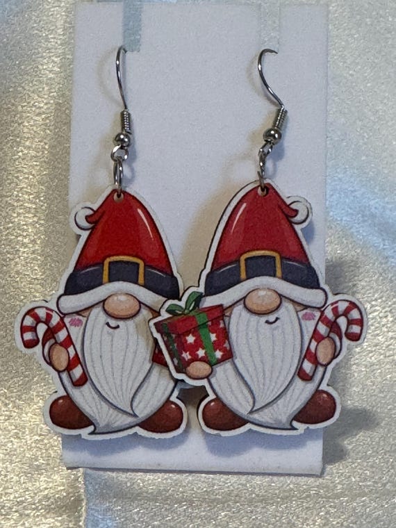 Wooden Gnome Christmas Dangle Earrings