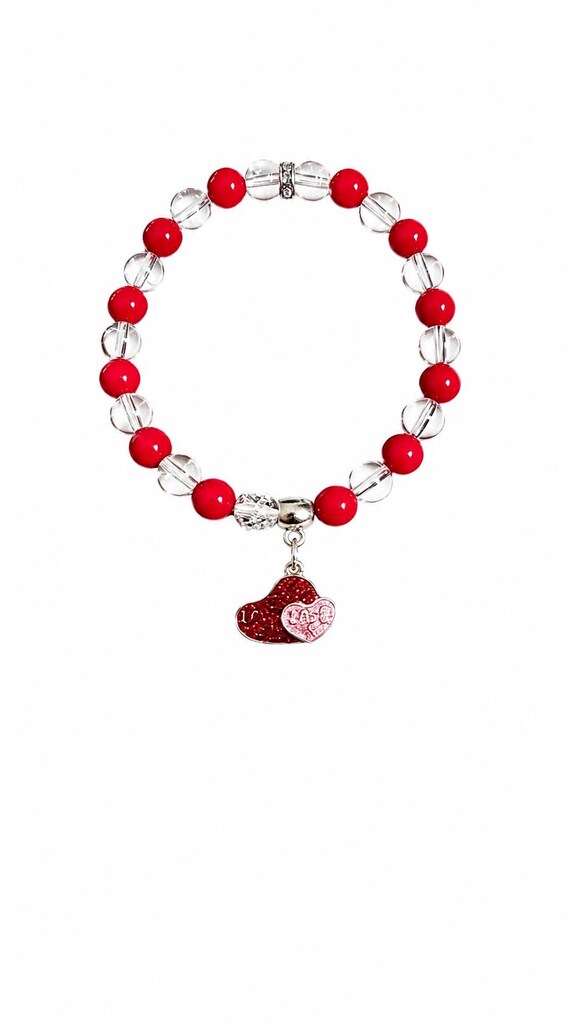 Red and Pink Heart Valentine Charm Stretch Bracelet