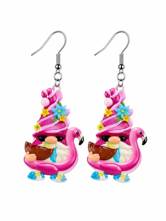Spring Gnome Acrylic Flamingo Earrings: Watermelon, Sunglasses, Hypoallergenic Dangle Jewelry