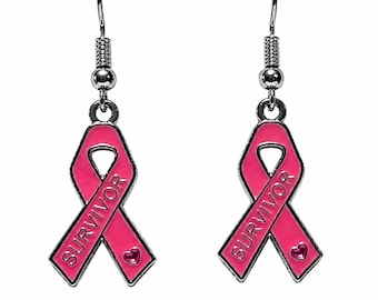 Enamel Breast Cancer Dangle Earrings Survivor Ribbon