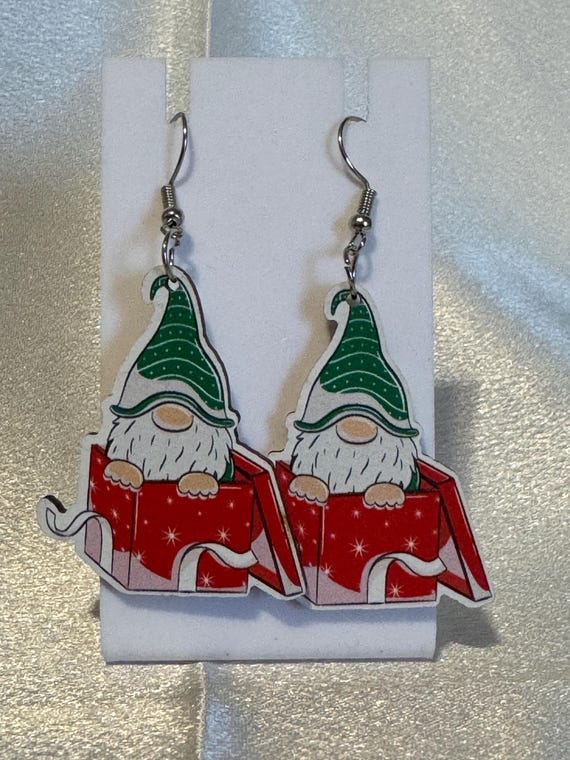 Wooden Gnome Christmas Dangle Earrings