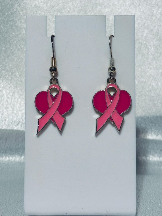 Breast Cancer Dangle Earrings With Heart and Ribbon