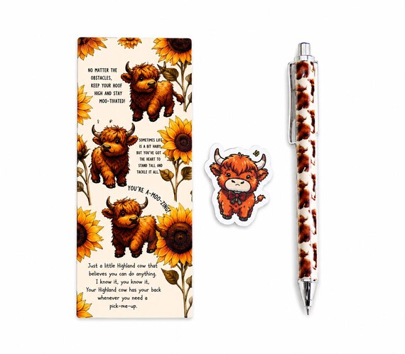 Highland Cow Mechanical Pencil, Character Eraser and Positivity Bookmark