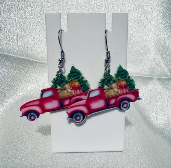 Wooden Christmas Red Truck  Dangle Earrings