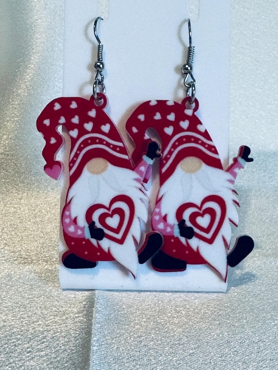 Acrylic Valentine Heart Gnome Dangle Earrings