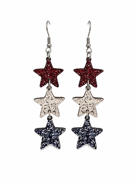 Wooden Red, White and Blue Stars Dangle Earrings