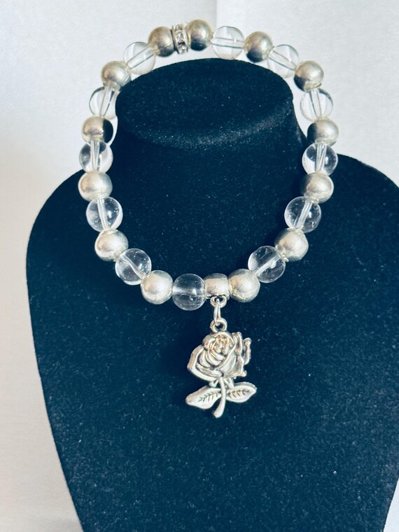 Silver Rose Valentine Charm Stretch Bracelet
