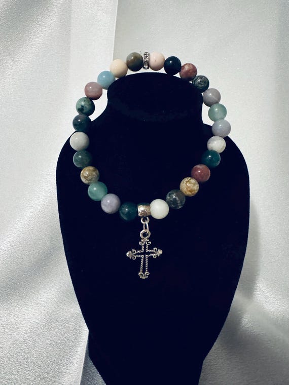 Colorful Beaded Inspirational Cross Charm Stretch Bracelet