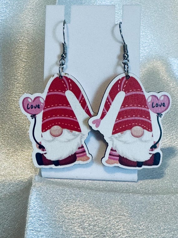 Gnome Holding Balloon Wooden Dangle Earrings