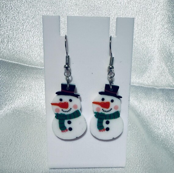 Wooden Christmas Snowman Dangle Earrings