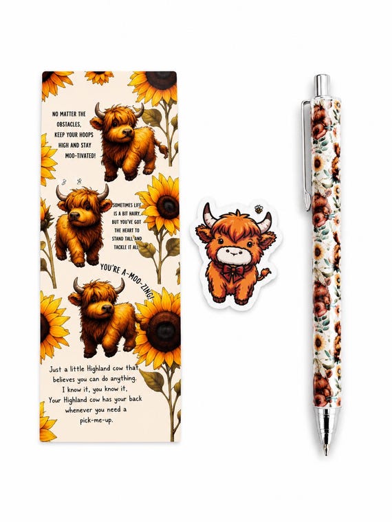 Highland Cow Mechanical Pencil, Character Eraser and Positivity Bookmark