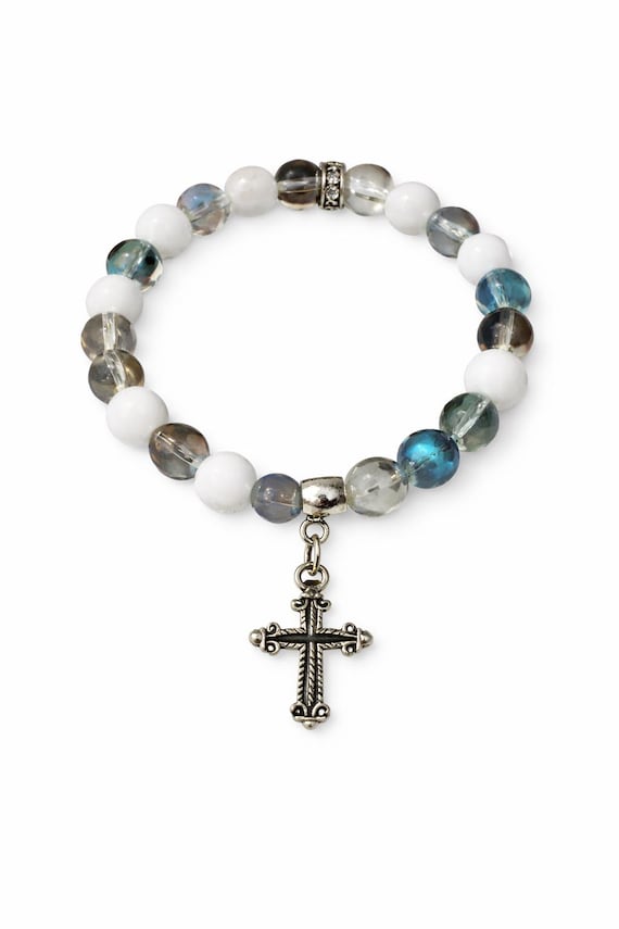 Colorful Beaded Inspirational Cross Charm Stretch Bracelet
