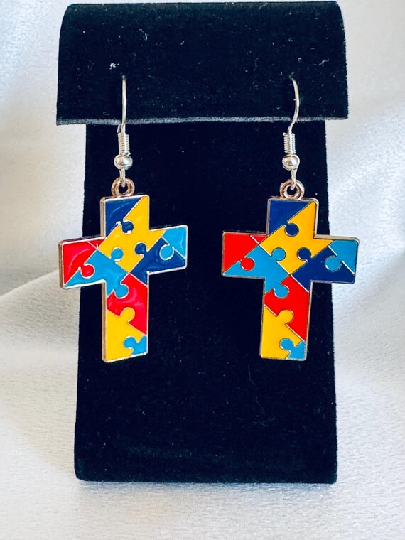 Cross Autism Dangle Earrings.