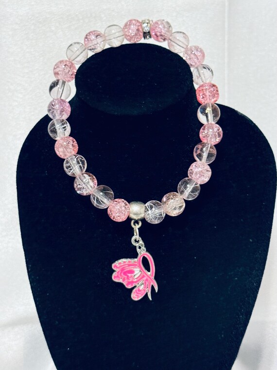 Butterfly and Ribbon Breast Cancer Stretch Charm Bracelet