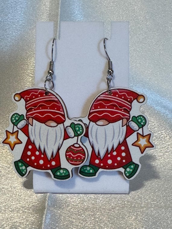 Wooden Gnome Christmas Dangle Earrings