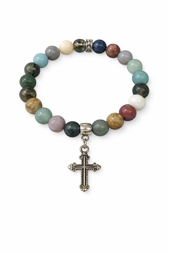 Colorful Beaded Inspirational Cross Charm Stretch Bracelet