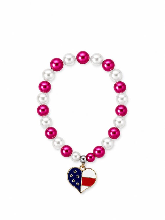 Red White and Blue Heart  Charm Stretch Bracelet